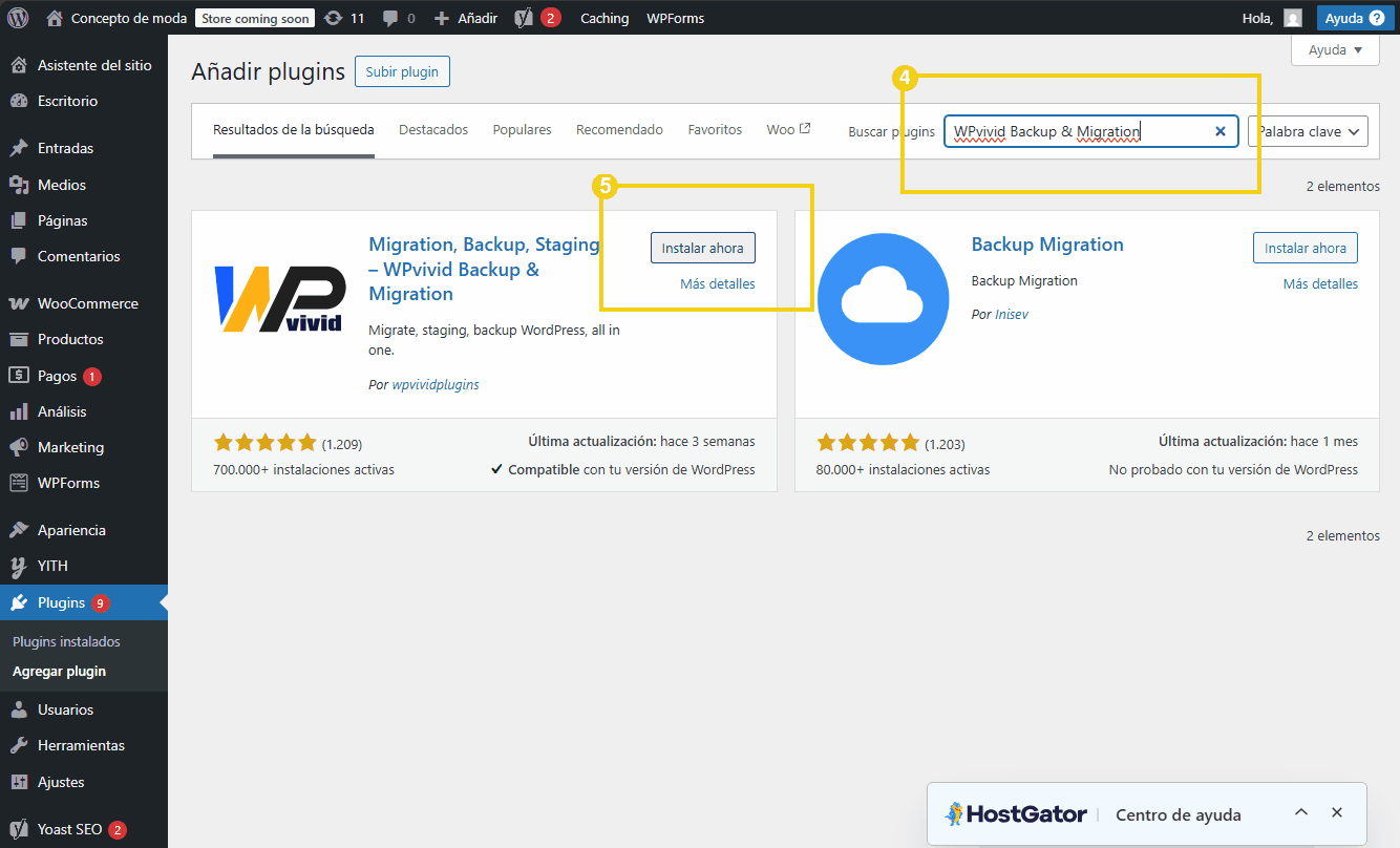 Imagem da interface do WordPress mostrando a instalação do plugin WPvivid Backup & Migration, com as opções de busca e instalação destacadas.png
