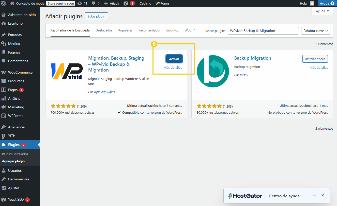 Tela de instalação do plugin WPvivid Backup and Migration no WordPress, destacando a opção de ativar o plugin e informações sobre recursos de migração e backup