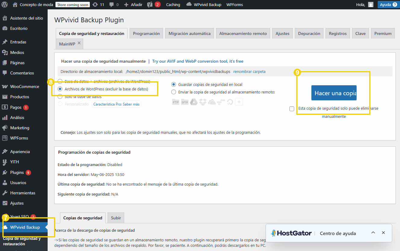 Imagem da interface do plugin WPvivid Backup mostrando opções para realizar uma cópia de segurança de arquivos do WordPress. Destacadas as opções de backup manual e agendado.