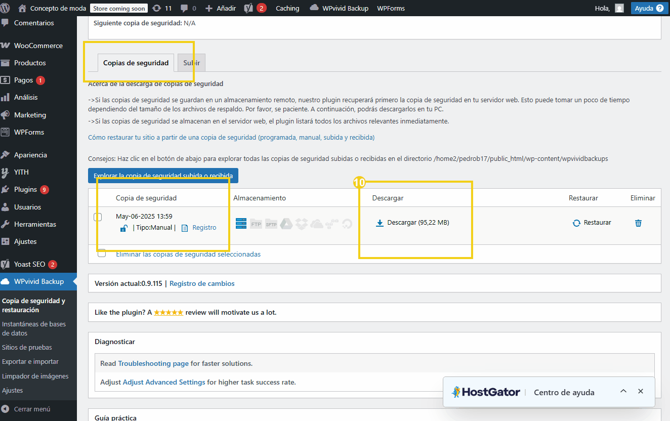 A imagem exibe a interface de um plugin de backup, mostrando opções para cópias de segurança, armazenamento e download de arquivos