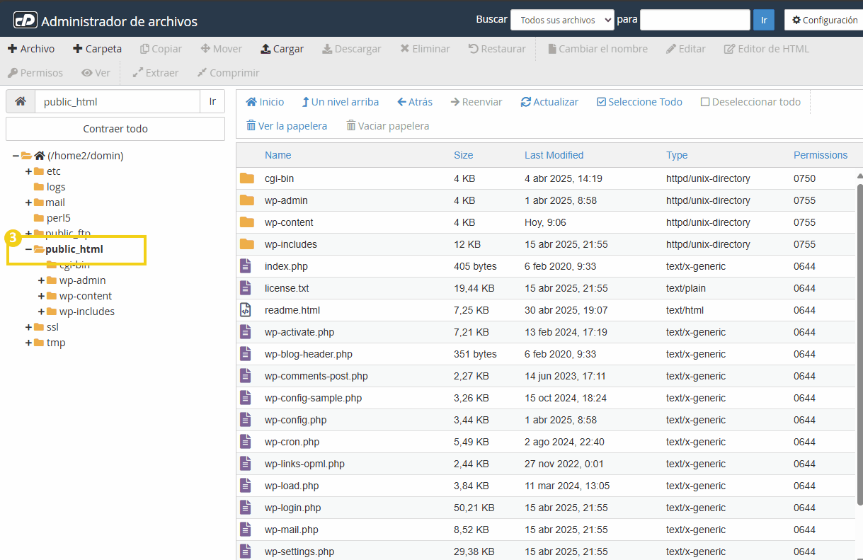 Imagem mostrando a estrutura de arquivos do gerenciador de arquivos, destacando a pasta public_html e seus conteúdos como wp-admin e wp-content.
