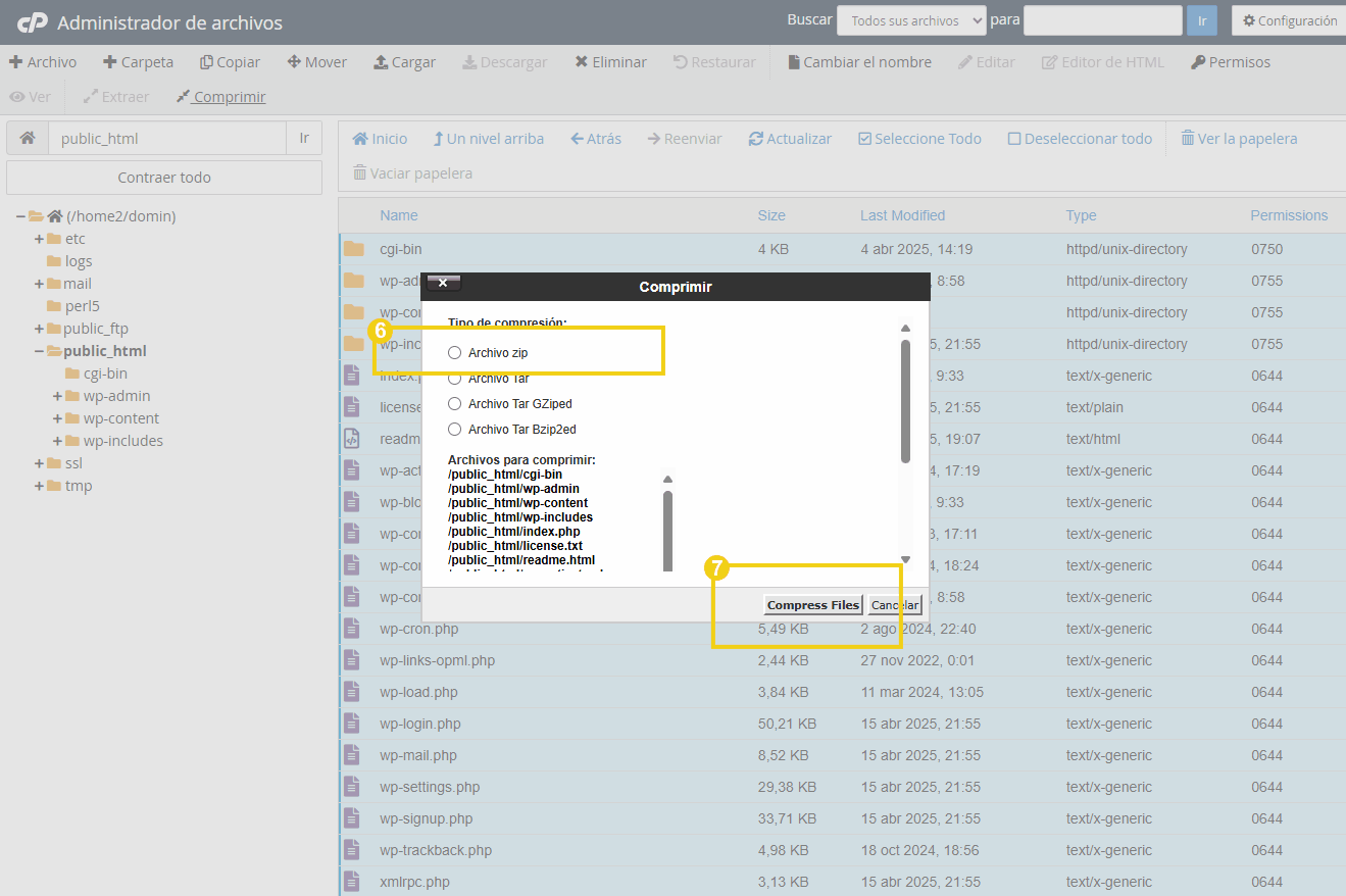 imagem do painel de controle mostrando a opção de compactar arquivos em formatos como .zip ou .tar. Ideal para quem precisa otimizar o espaço em servidores.
