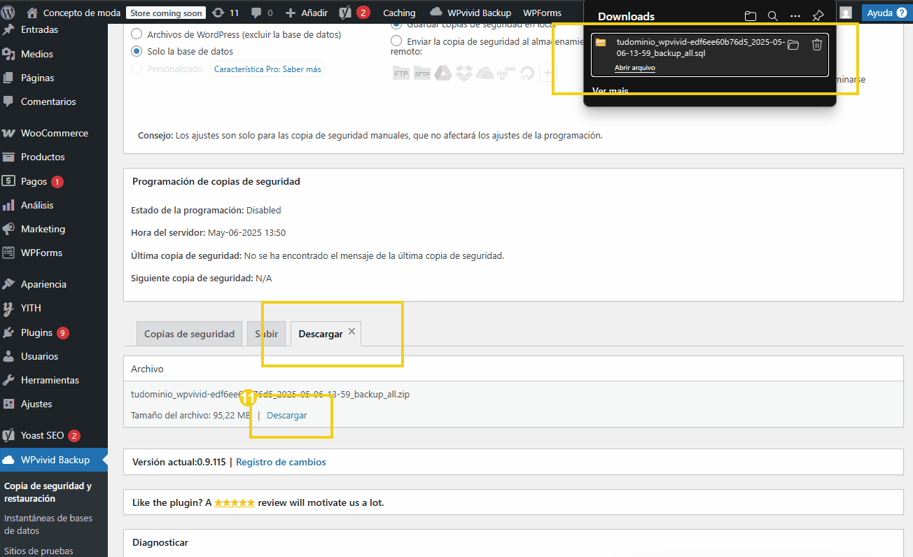 Interface do plugin WPvivid Backup para WordPress, mostrando opções de cópia de segurança e download de arquivo zip.