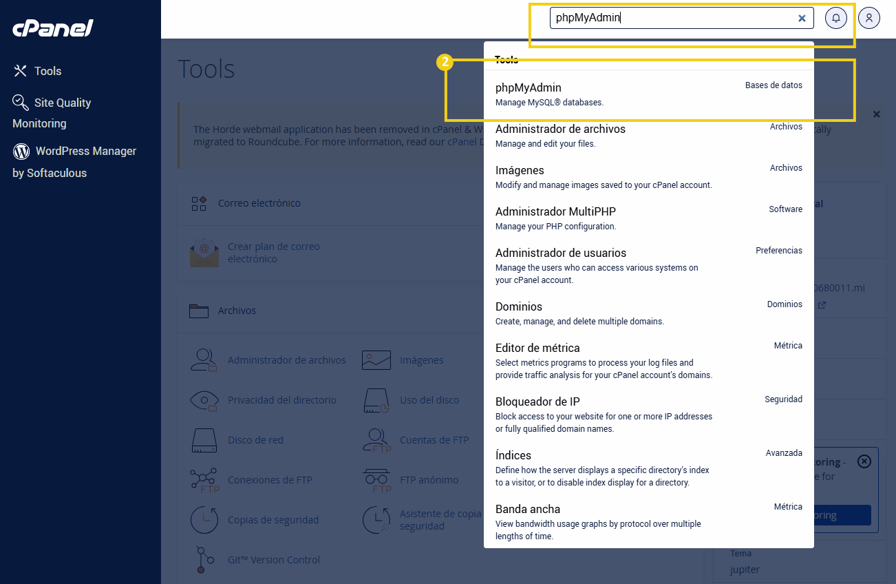 Interface do cPanel com destaque para o phpMyAdmin, uma ferramenta de gerenciamento de bases de dados MySQL.