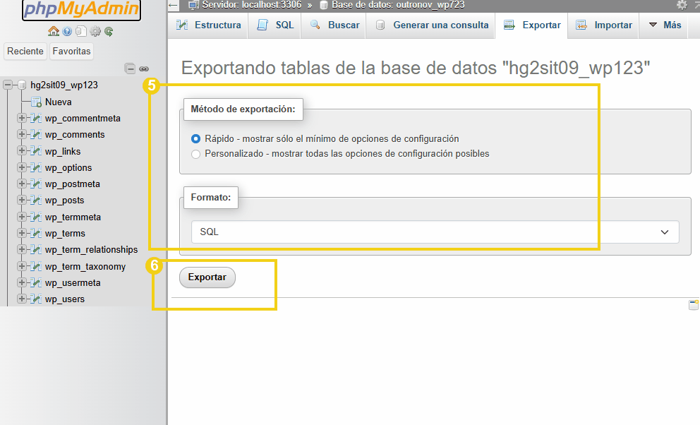 Imagem mostrando o processo de exportação de tabelas do phpMyAdmin, com opções para exportar em formato SQL.