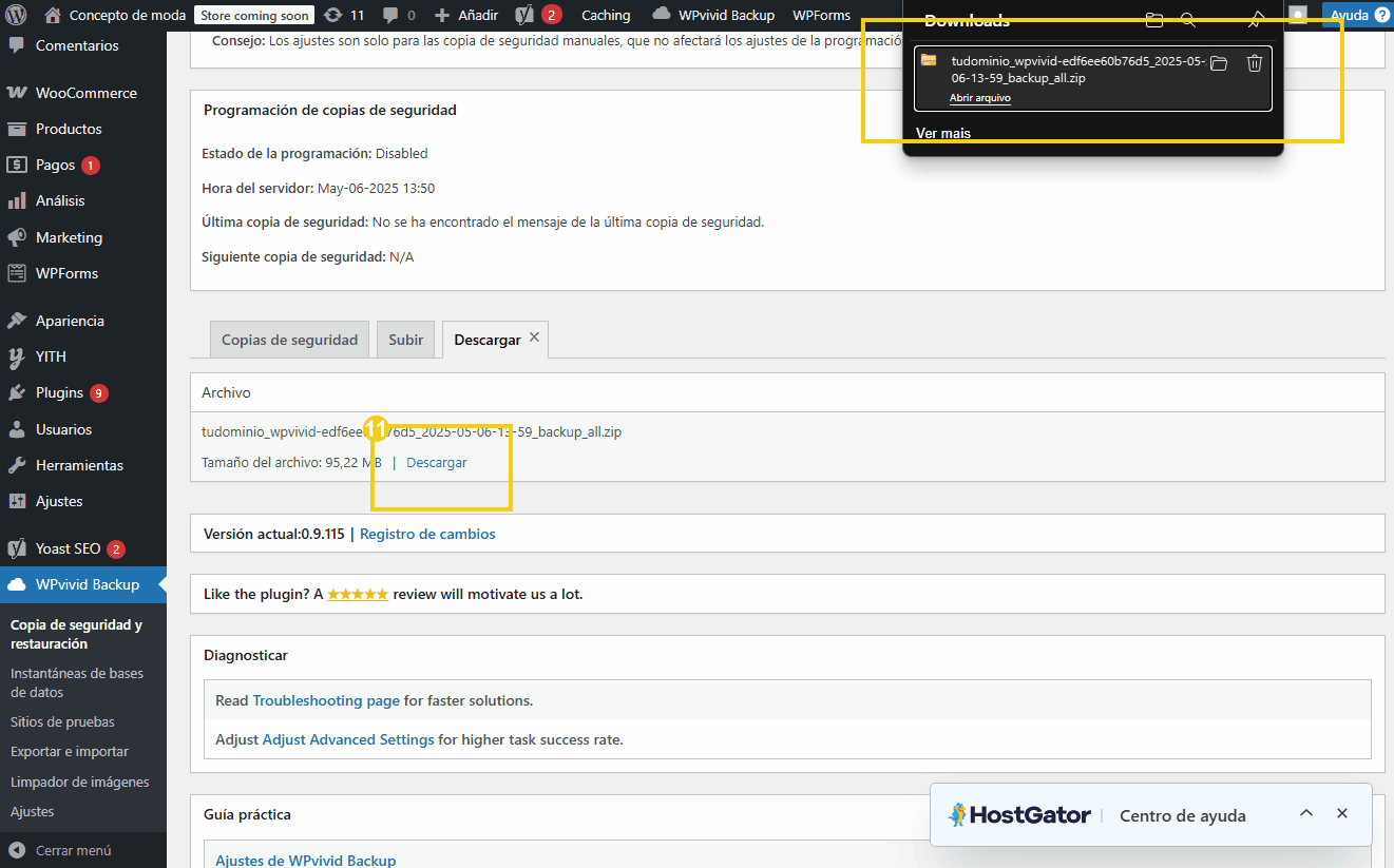 Tela de gerenciamento do WPvivid Backup, mostrando opções de cópia de segurança e download do arquivo.