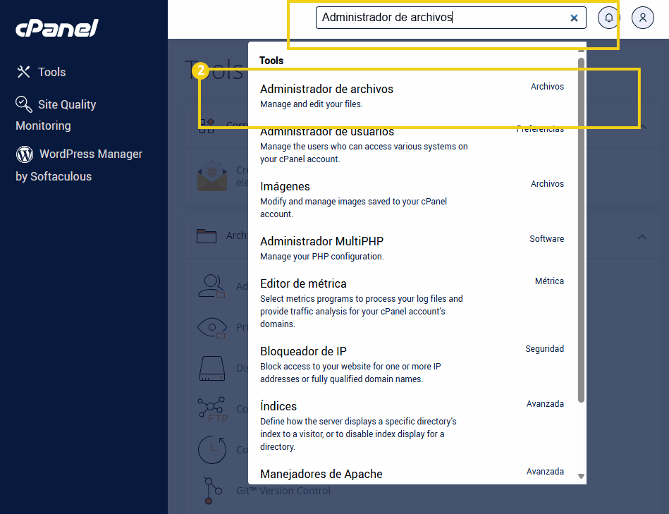 Imagem do cPanel mostrando a opção "Administrador de archivos" na seção de ferramentas. Esta função permite gerenciar e editar arquivos, facilitando o gerenciamento do site.