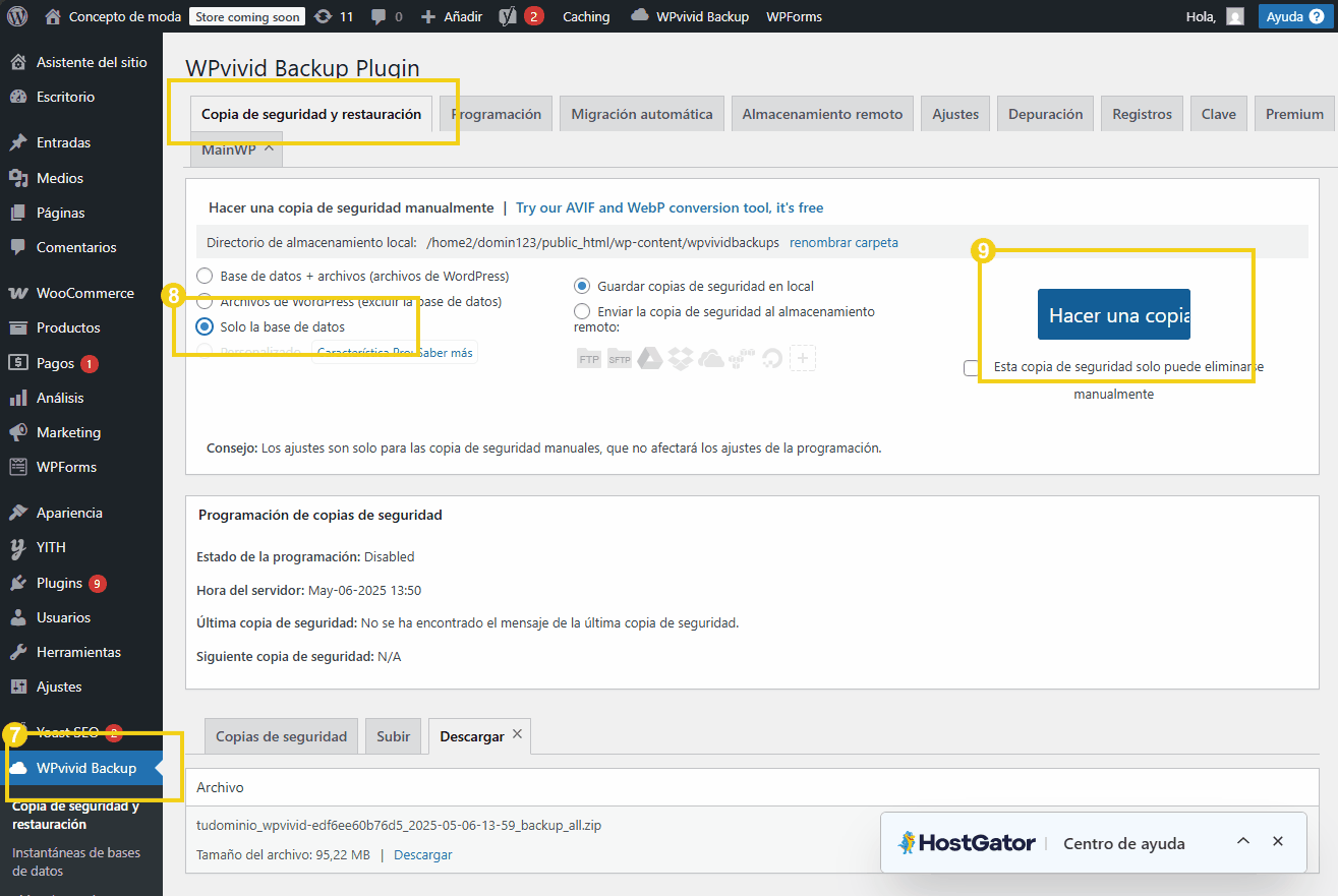 Interface do plugin WPvivid Backup mostrando opções de cópia de segurança e restauração de dados, com destaque para a funcionalidade de backup manual.
