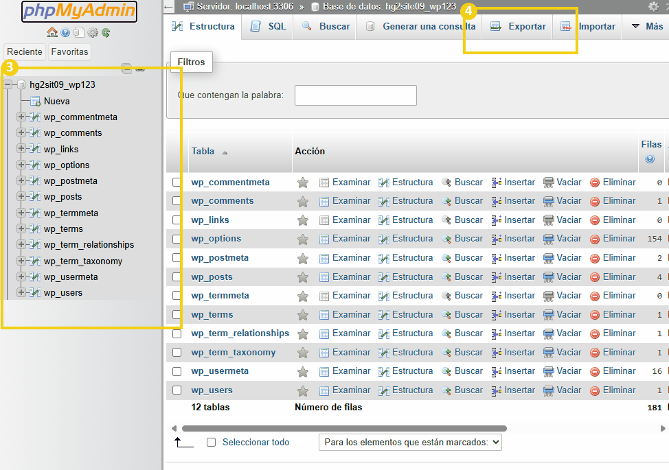 Captura de tela do phpMyAdmin exibindo a estrutura do banco de dados, com diversas tabelas do WordPress, como wp_posts e wp_users.