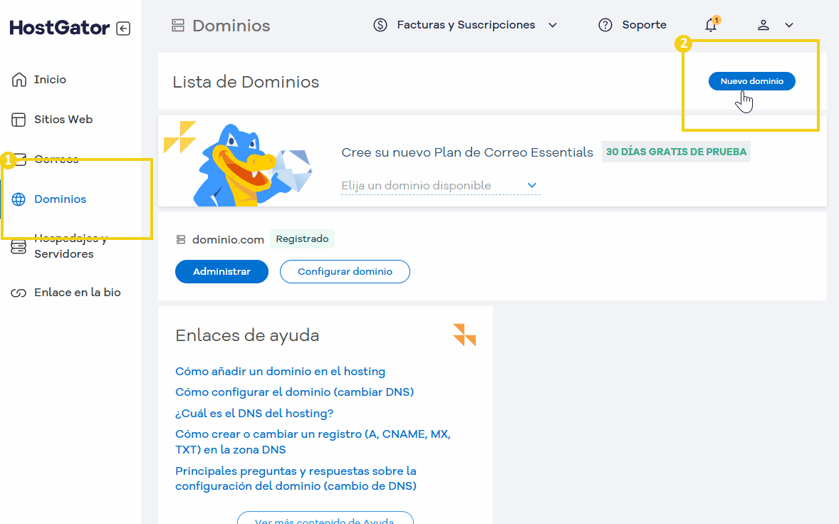 Imagen ilustrativa del panel de gestión de dominios en HostGator, que muestra la opción de crear un nuevo dominio y el menú de dominios en el panel