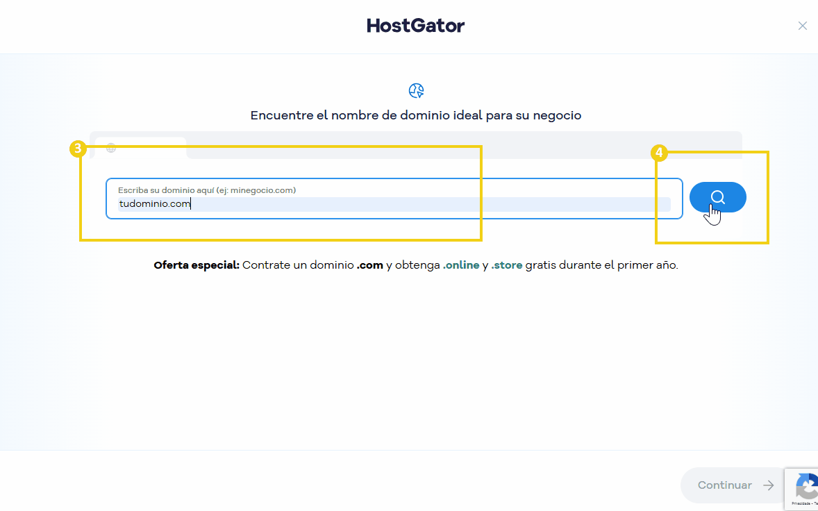Pantalla de búsqueda del servicio HostGator para registrar dominios, con énfasis en la caja de búsqueda y el botón de búsqueda al lado, promoviendo el registro de dominios