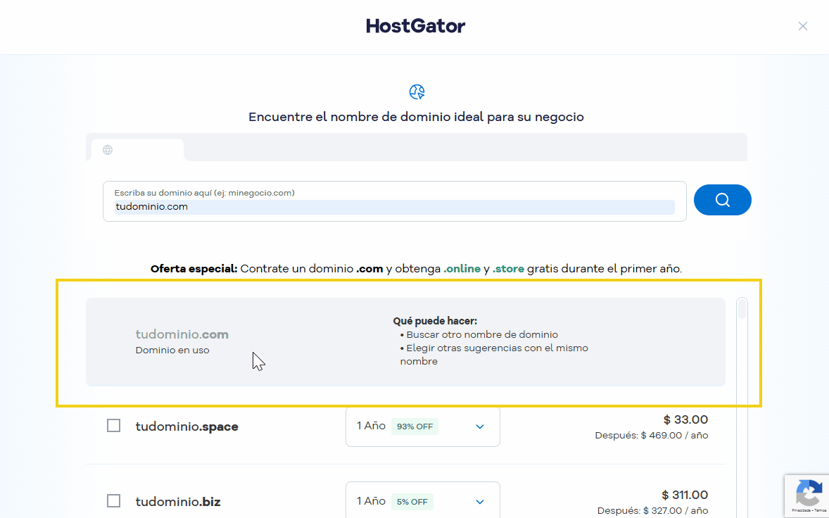 imagen mostrando el resultado de busca del dominio e el esta indisponible, presentando lo que puede hacer