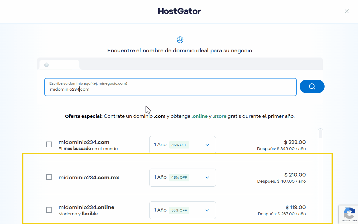 Imagen mostrando la lista resultado de varios dominios sugeridos para registrar