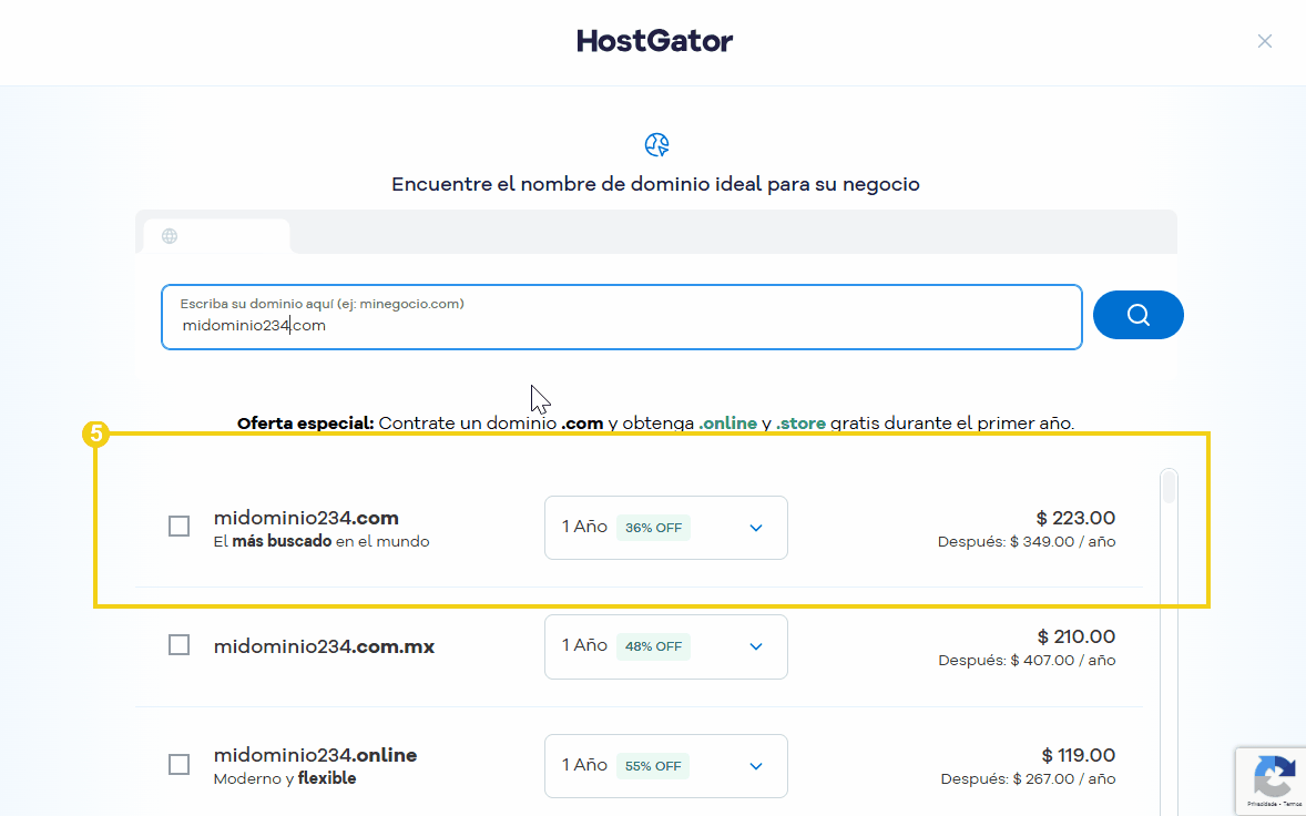 Imagen mostrando el resultado de busqueda exitosa con el dominio disponible para registro mostrado de primero en la lista