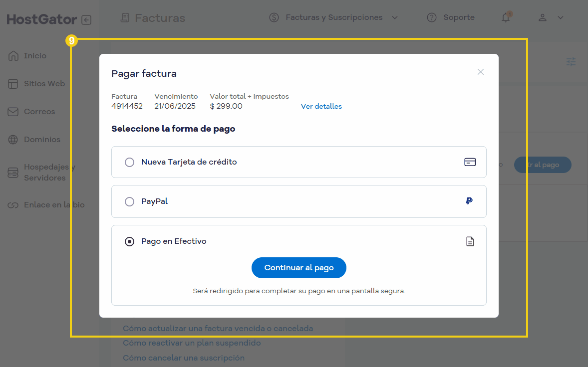 imagen muestra la pantalla de pagar factura con los metodos de pago para elegir  y finalizar el proceso