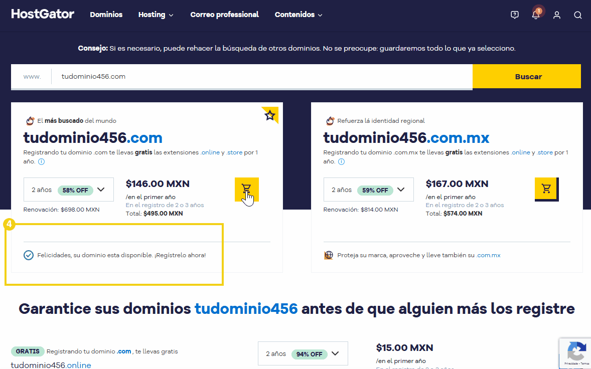 imagen mostrando que el dominio esta disponible con mensaje de exito