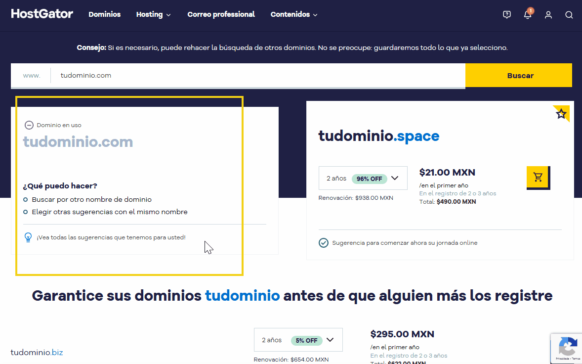 imagen muestra que el dominio no esta disponible