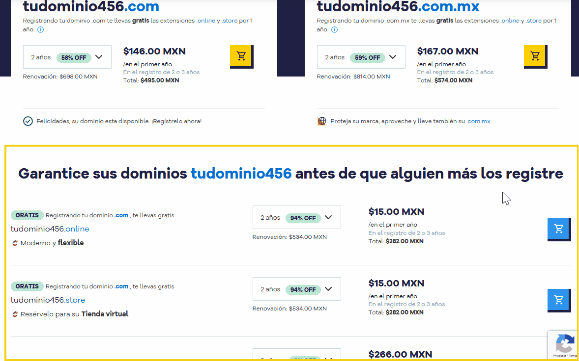 imagem mostrando lista de dominios sugeridos