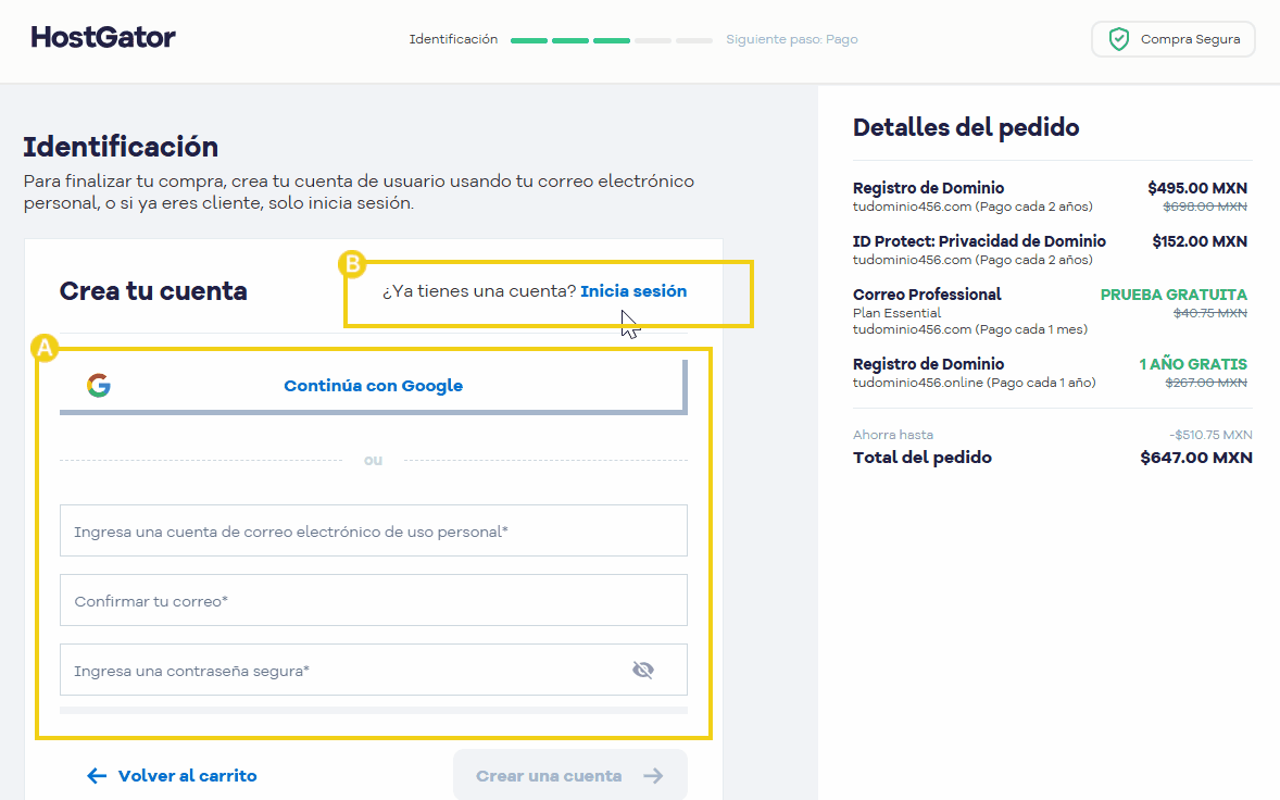 imagen mostrando para crear la cuenta o iniciar sesión