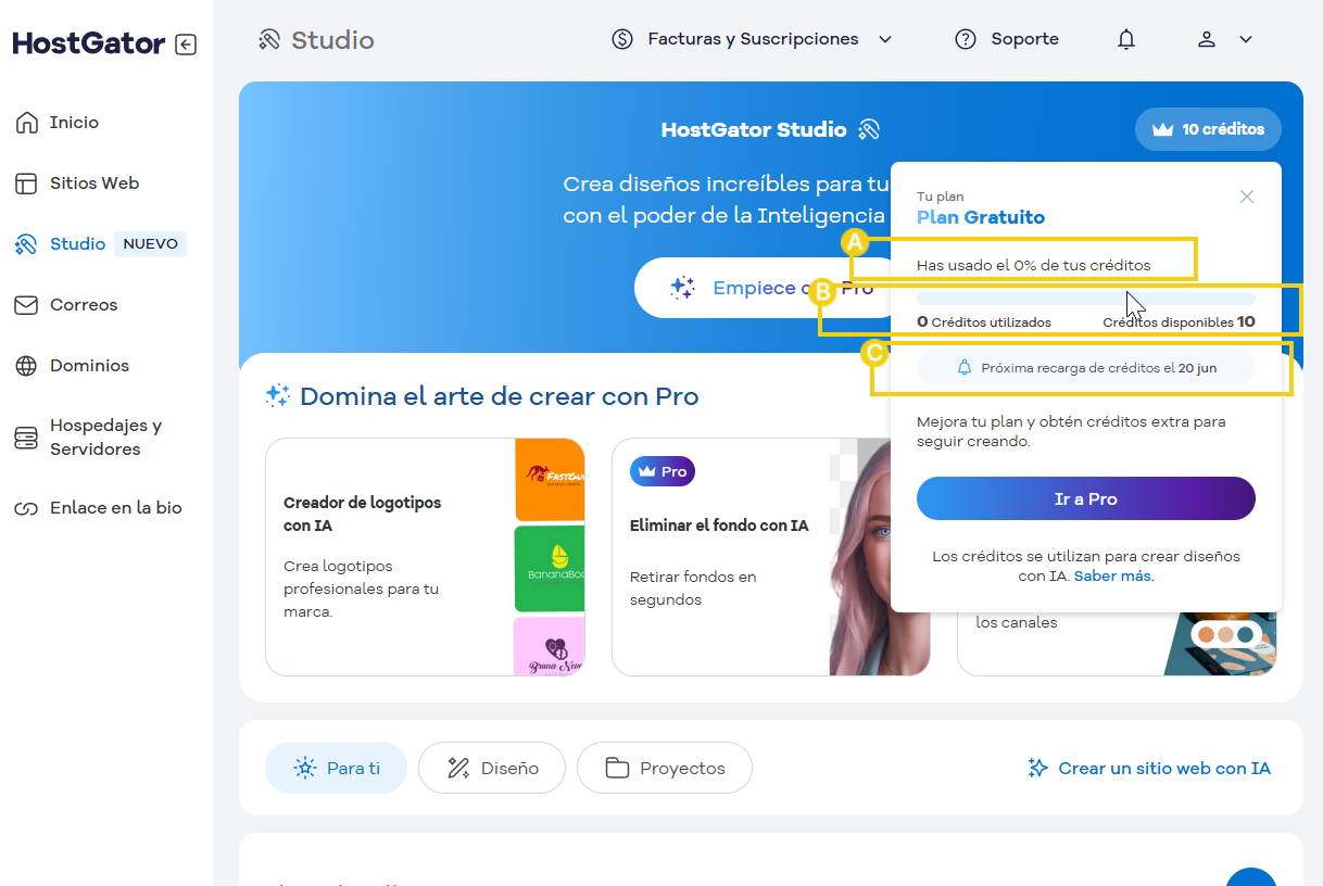 pantalla mostrando en el portal del cliento dentro del studio el saldo de créditos disponible en el plan gratuito