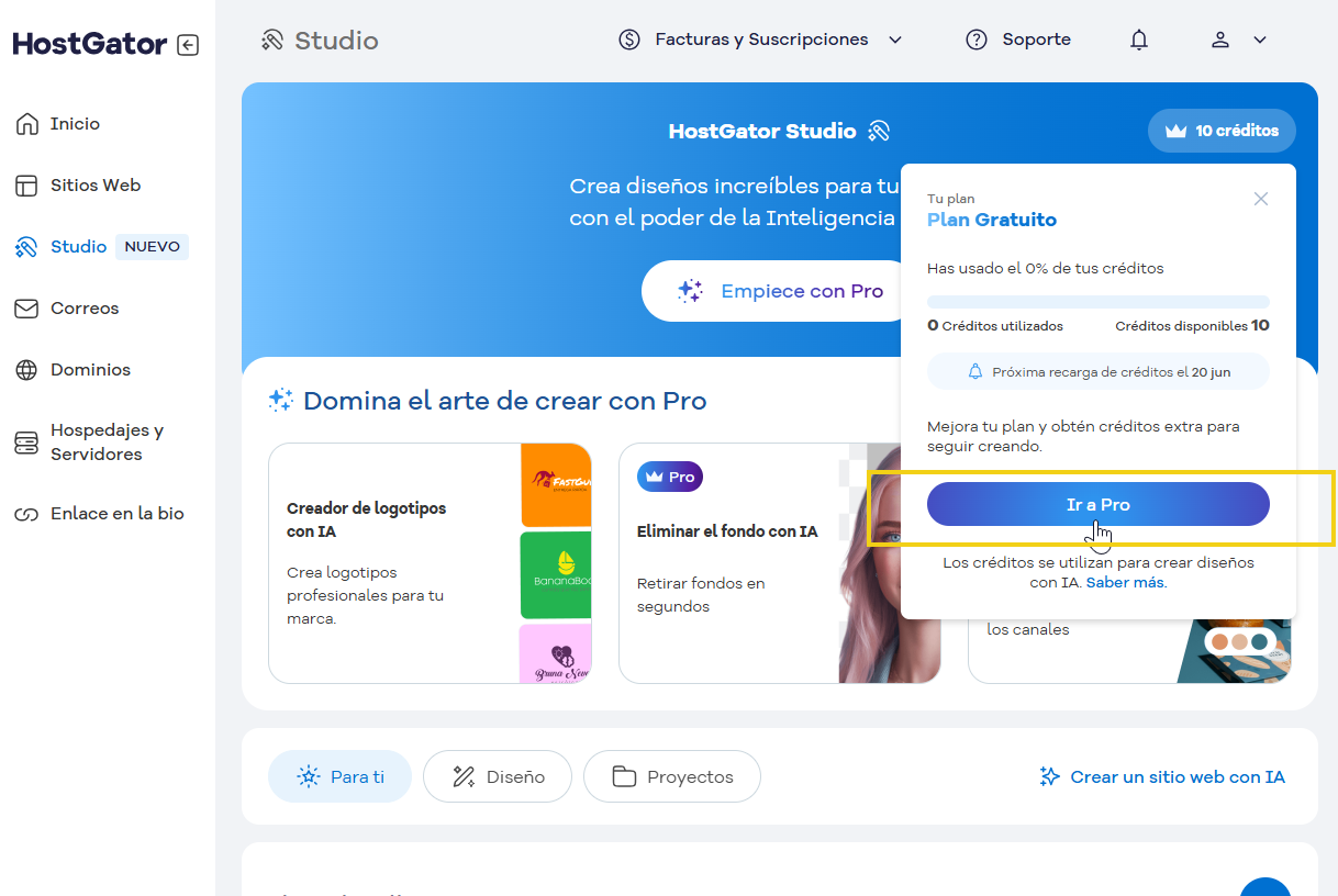 Imagen destacando el saldo de créditos en el portal del cliente e señalando el boton de ir a Pro