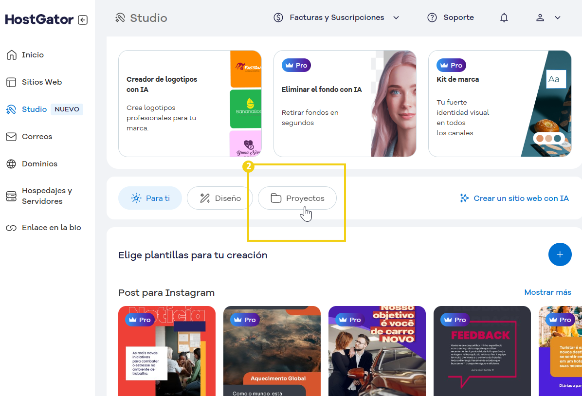 imagen dentro del portal en la parte de studio, destacando el boton de proyecto en un plan gratuito