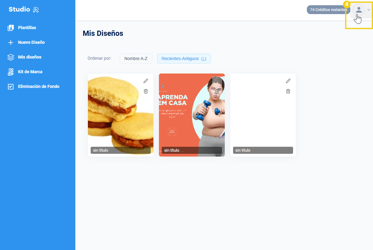 imagen del painel de studio destacando en el menu superior el icono del perfil