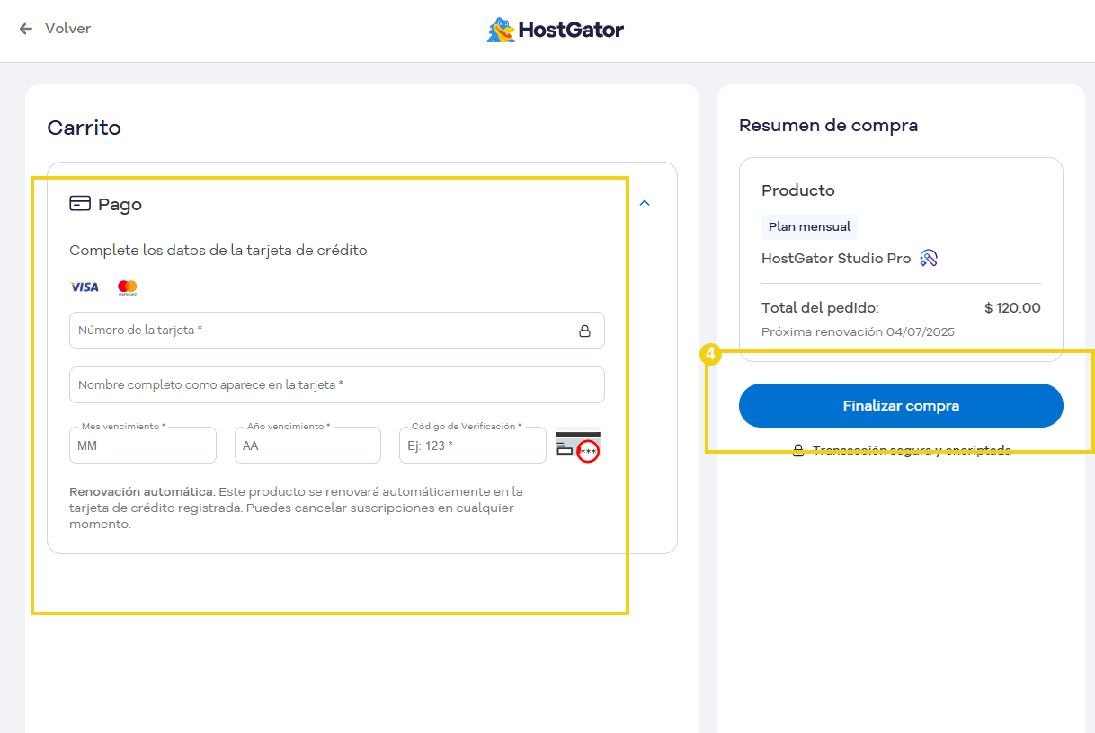imagen del carrito para finalizar la compra del plan pro