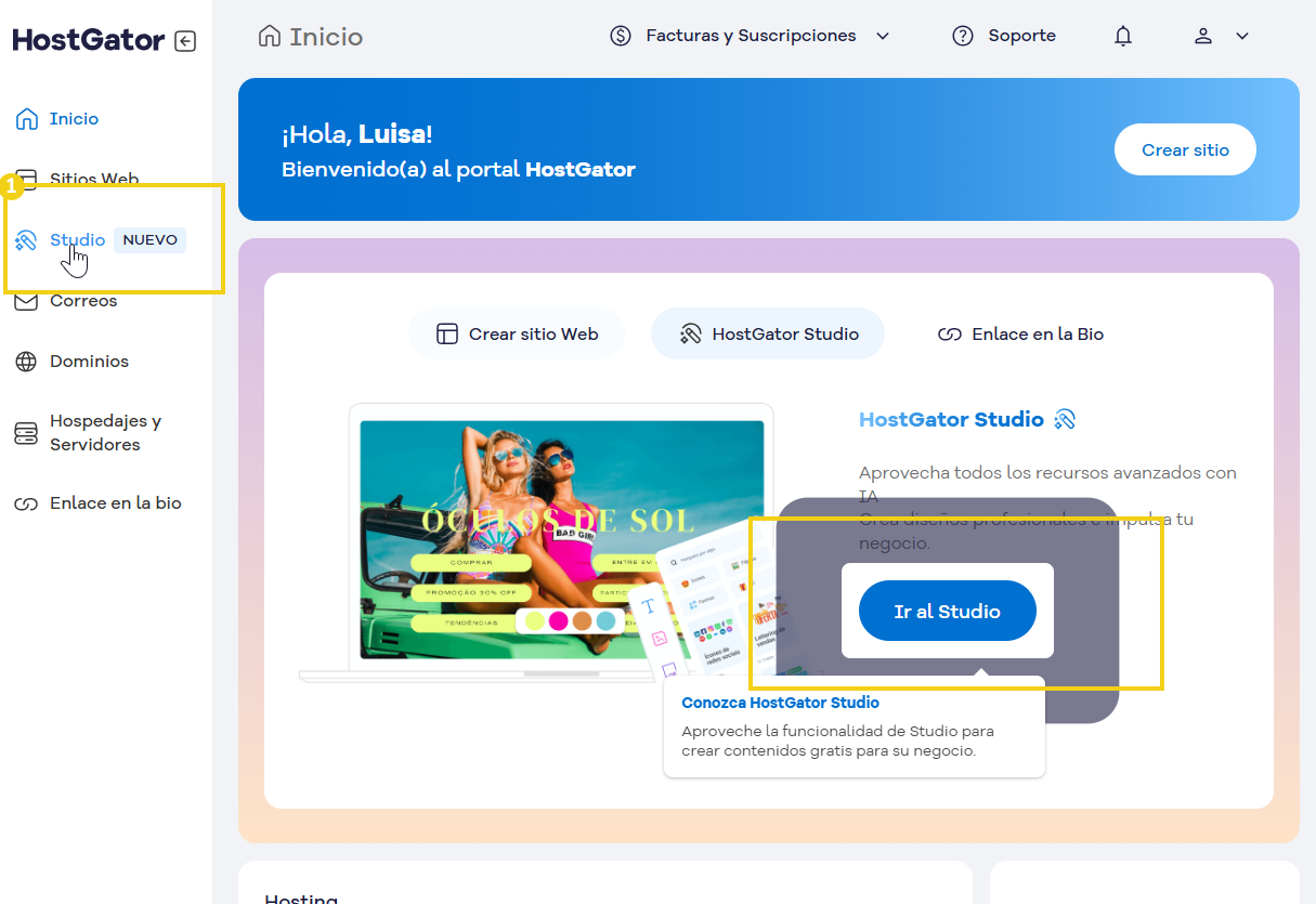 imagen del portal del cliente destacando el menu lateral el boton studio