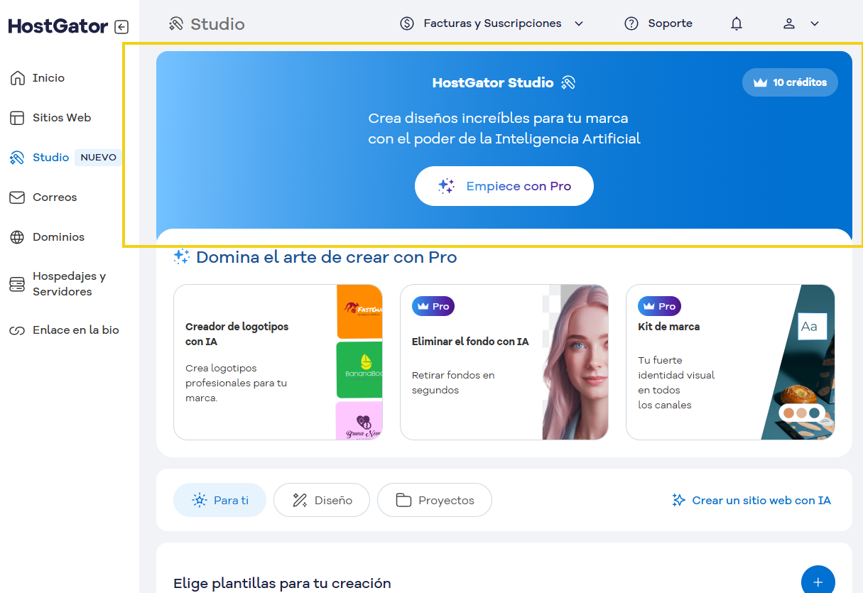 con el panel de inicio de Studio, que muestra el banner superior que tiene el saldo de los créditos y pruebe Pro