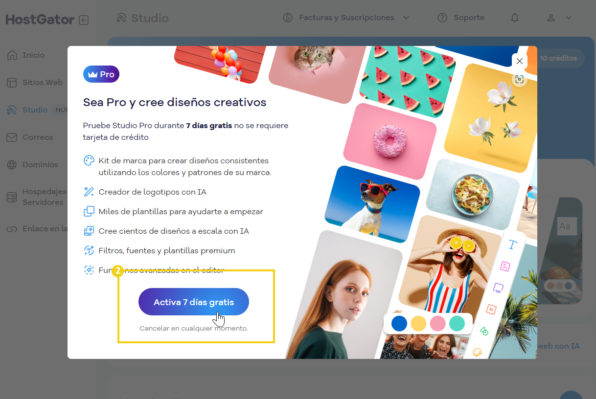 Imagen que muestra la plataforma de Diseño Creativo de Studio Pro con varios ejemplos de creaciones visuales, plantillas y recursos para crear diseños profesionales.