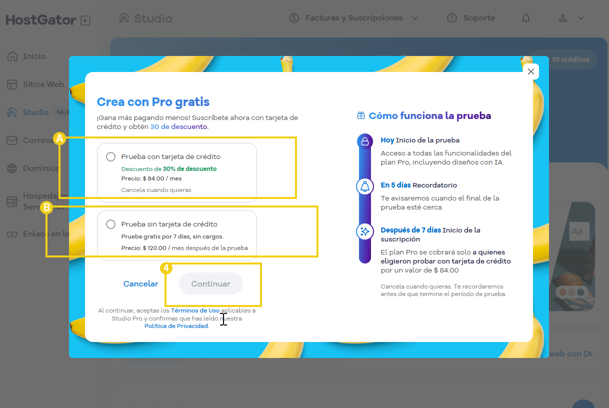 Imagen que muestra una guía paso a paso para crear una cuenta Pro gratuita en HostGator, que incluye tarjeta de crédito y sin opciones de pago.