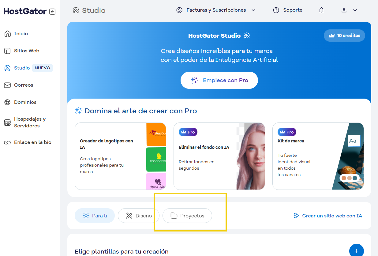 Imagen que muestra el botón Proyectos para ir a la plataforma de edición