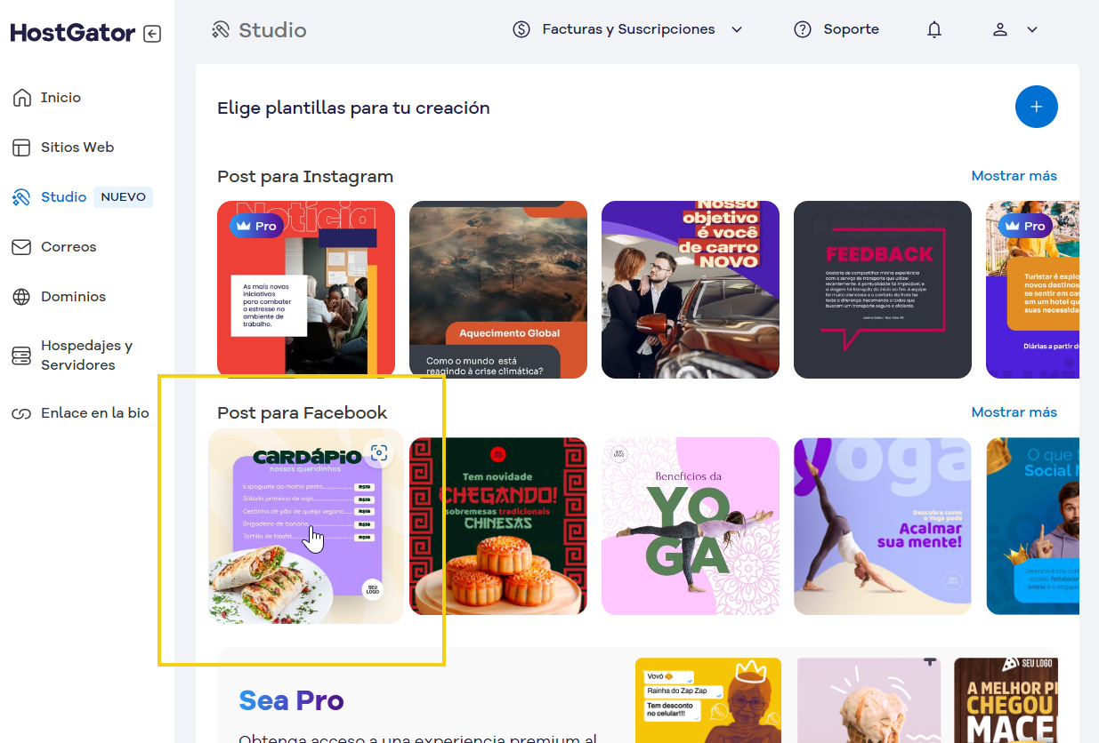 Imagen que muestra las plantillas destacando una seleccionada