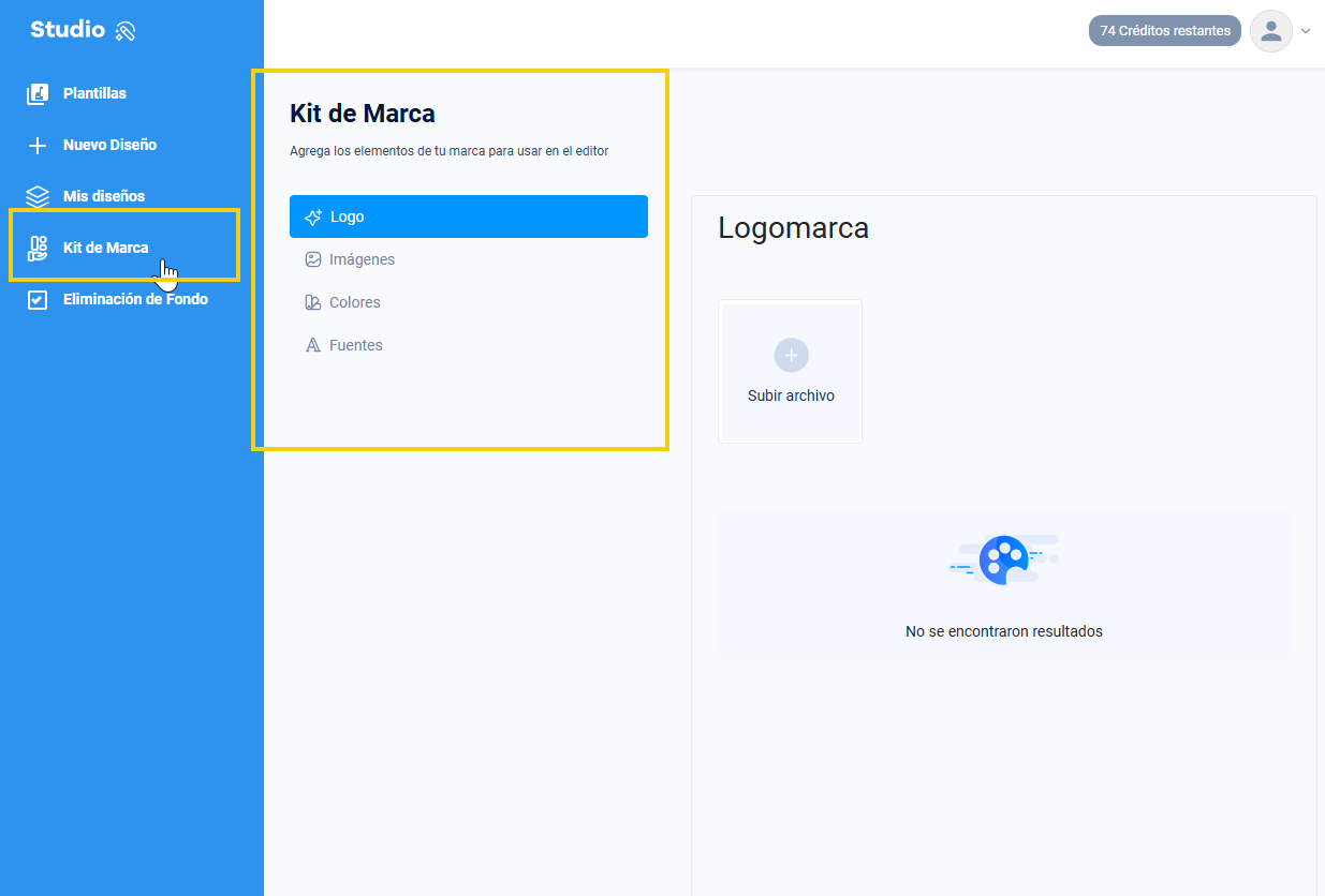 La imagen muestra el panel Kit de marca con todas las características que se pueden insertar, como el logotipo, las imágenes, los colores y las fuentes