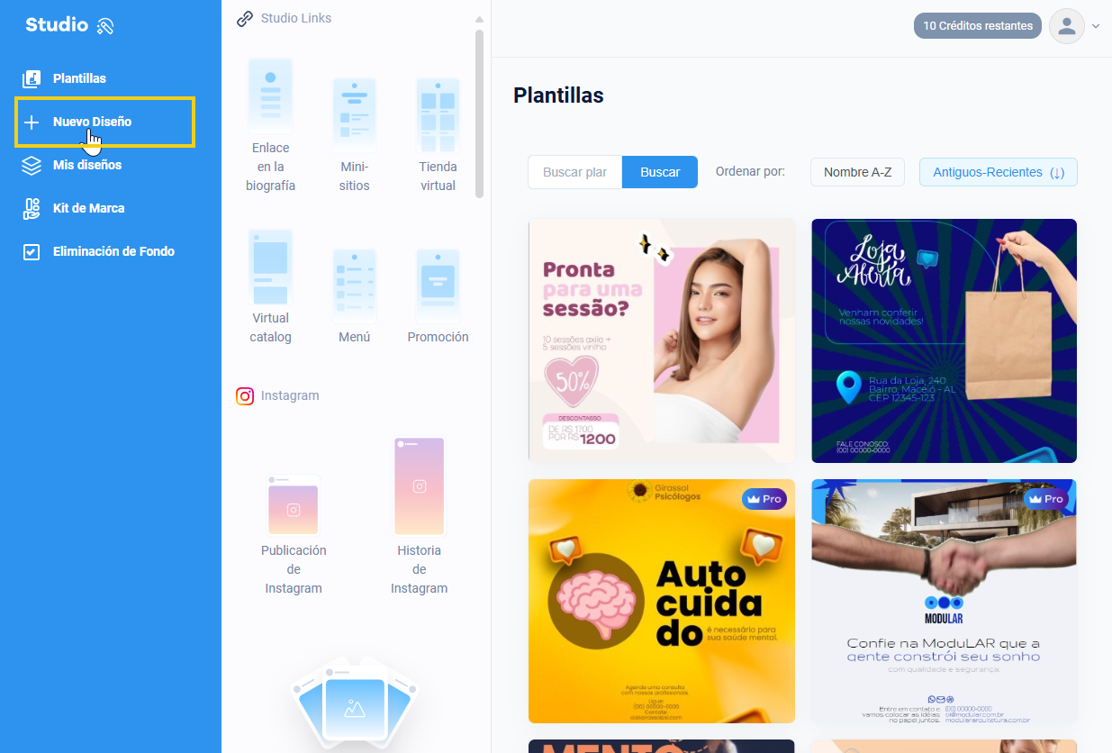 La imagen muestra que al acceder a "Nuevo diseño" se abre una página en blanco