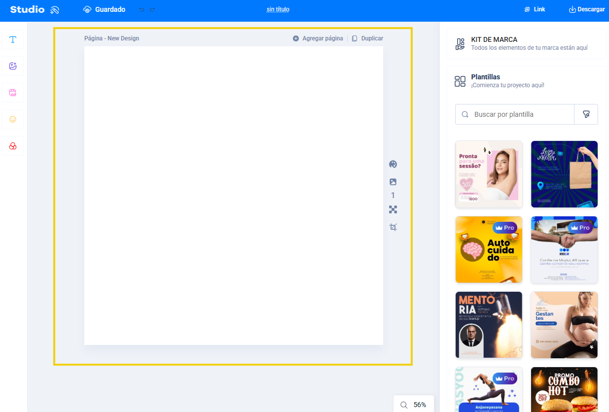 La imagen muestra que al acceder a "Nuevo diseño" se abre una página en blanco
