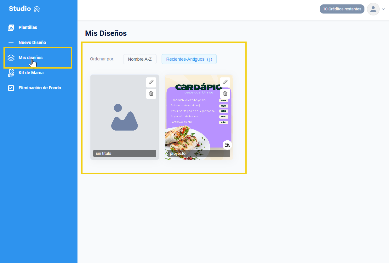 La imagen muestra que en la sección "Mis diseños" se enumeran todos los proyectos editados y creados por usted
