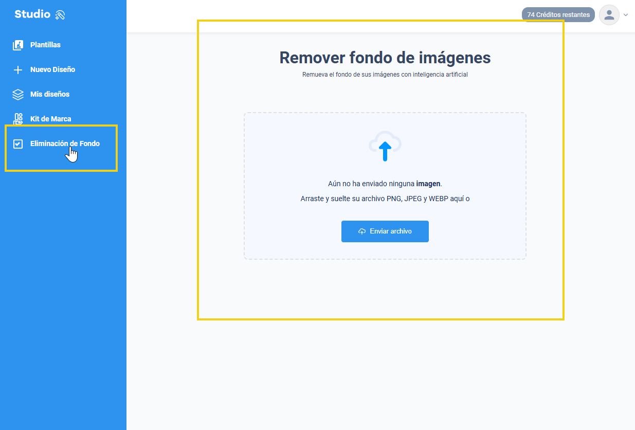 Imagem mostra que ao clicar na seção "Remover fundo de imagens" abre a tela para enviar o arquivo