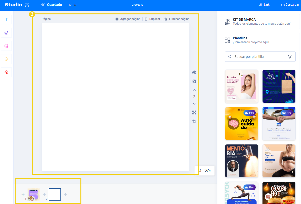 Imagen del área de edición mostrando las opciones de página: agregar, duplicar y eliminar, con destaque del widget de plantillas a la derecha