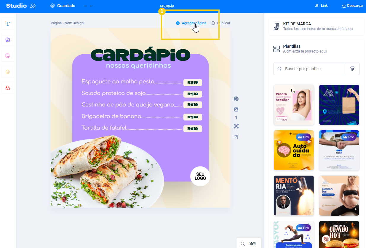 Imagen destacando el botón para agregar página dentro del editor