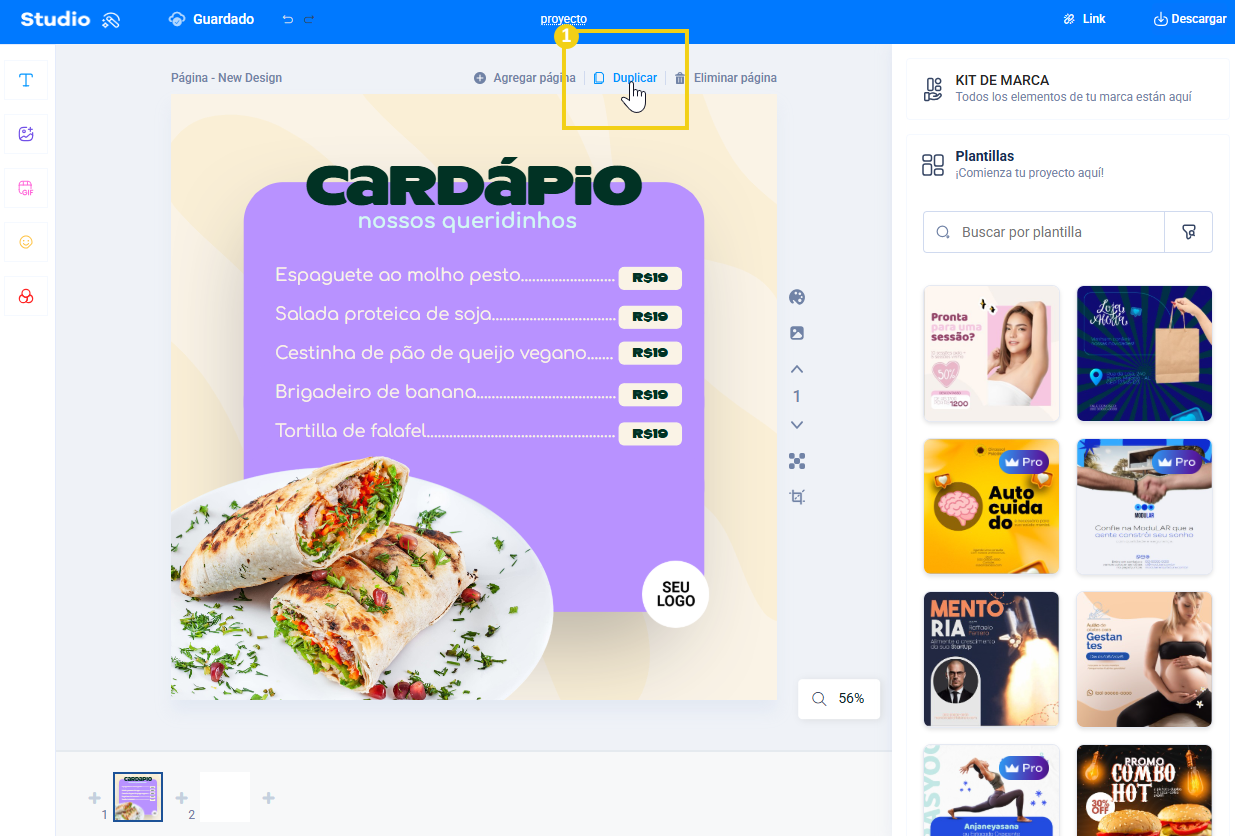 Imagen mostrando el editor y el botón destacado para duplicar