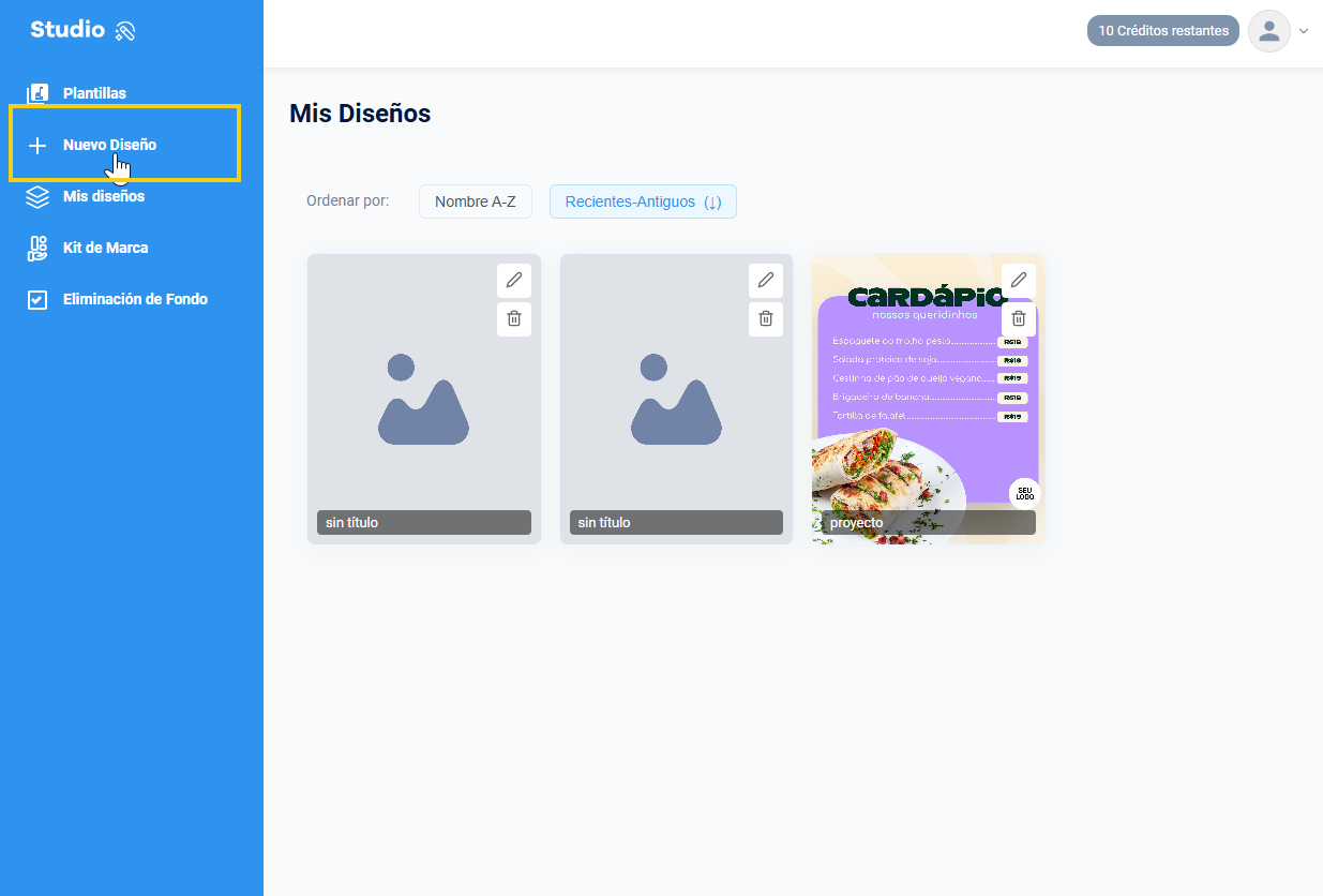 Imagen mostrando la plataforma destacando el botón de nuevo diseño