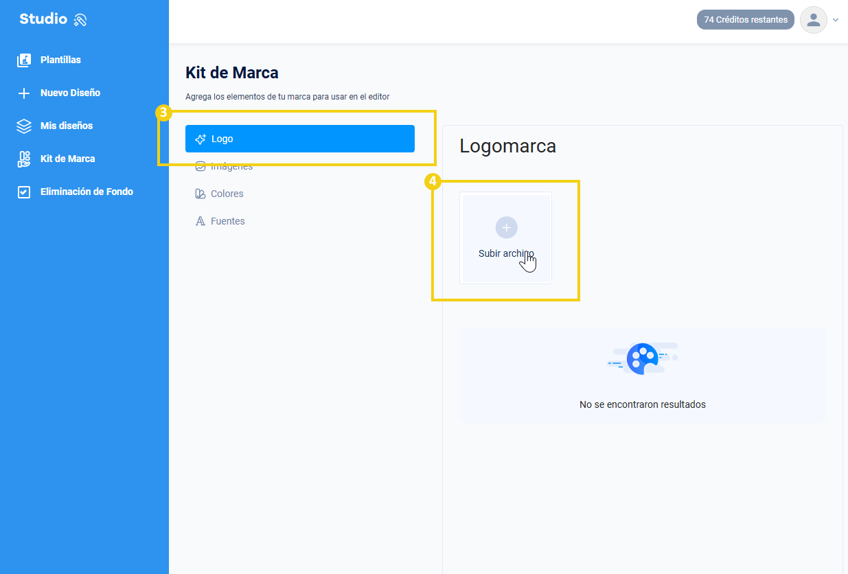 La imagen muestra que en la sección "Logotipo" debe hacer clic en "Enviar archivo"