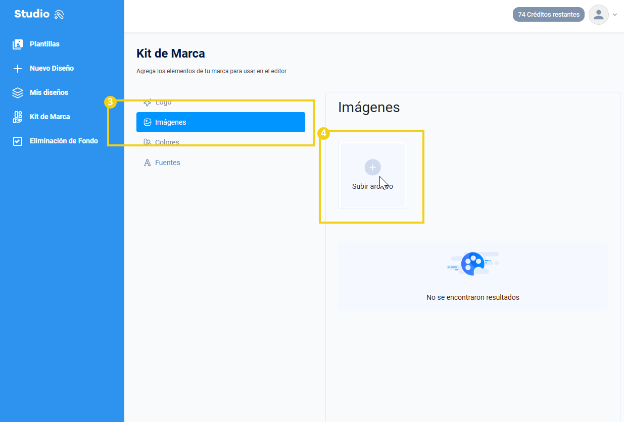 Imagem mostra que na tela "Kit de Marca", deve-se clicar em "Imagens" e depois em "Enviar arquivo"