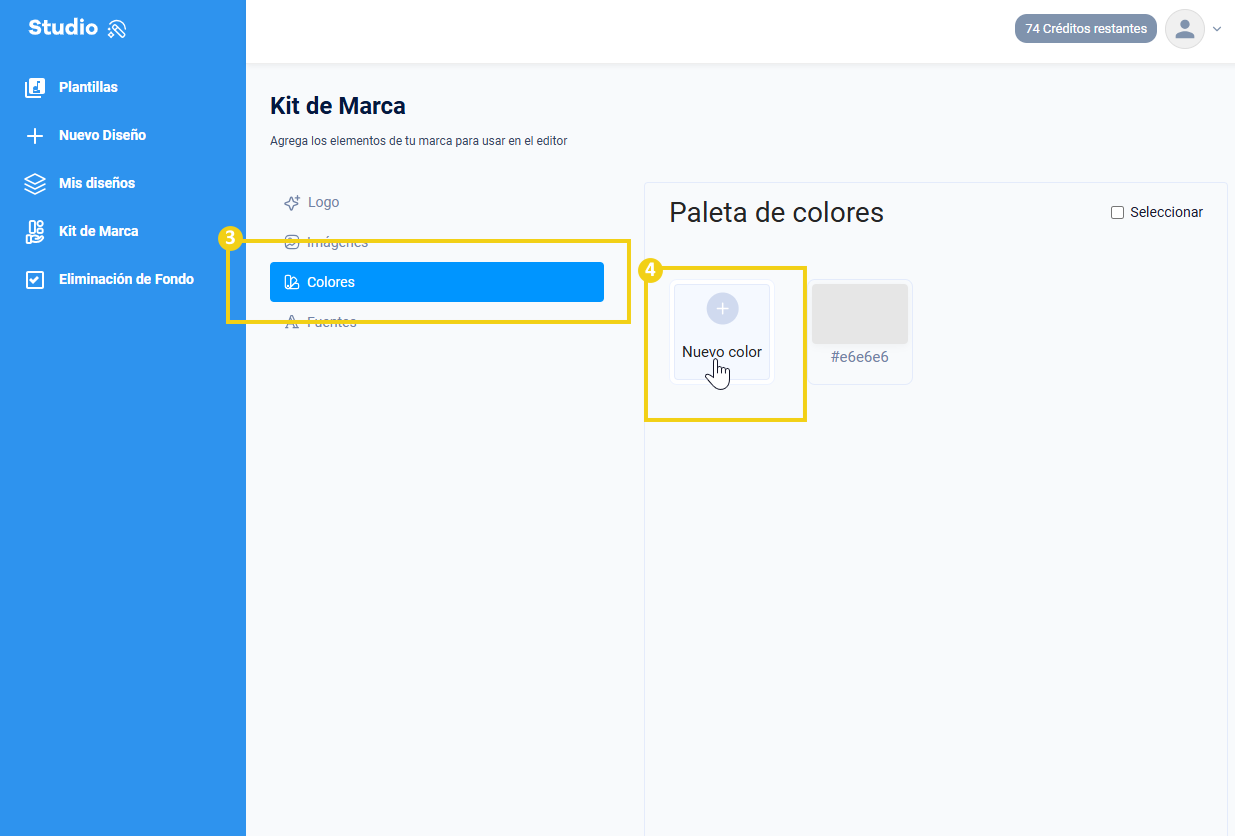 La imagen muestra que en "Kit de marca" debe hacer clic en "Colores" y luego en "Nuevo color"
