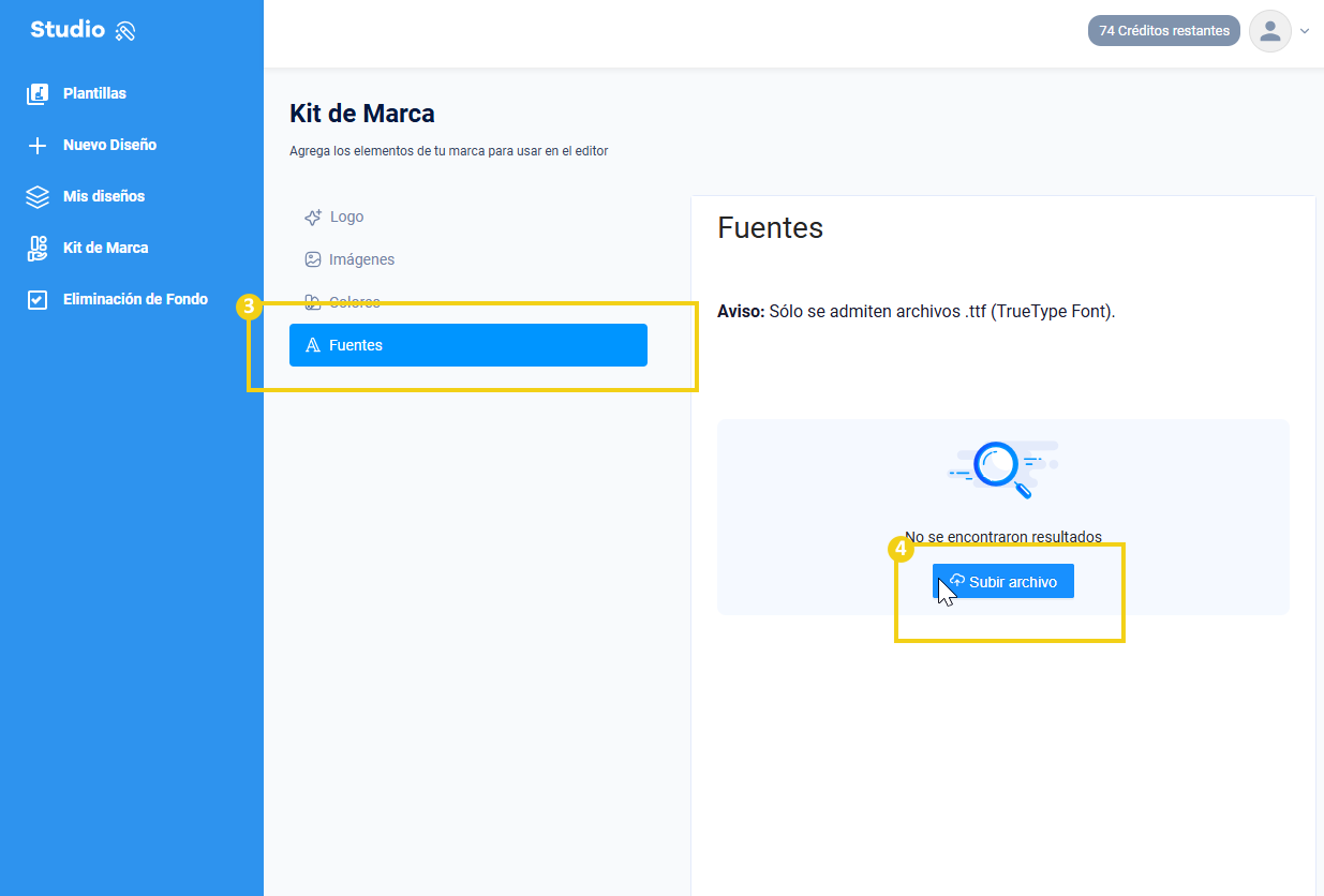 La imagen muestra que en "Brand Kit" debe hacer clic en "Fuentes" y luego en "Enviar archivo"