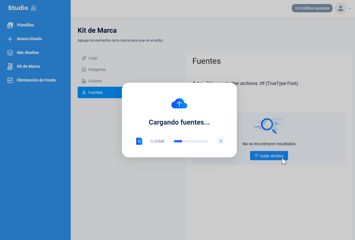 imagen mostrando el editor del studio destacando cargando fuentes