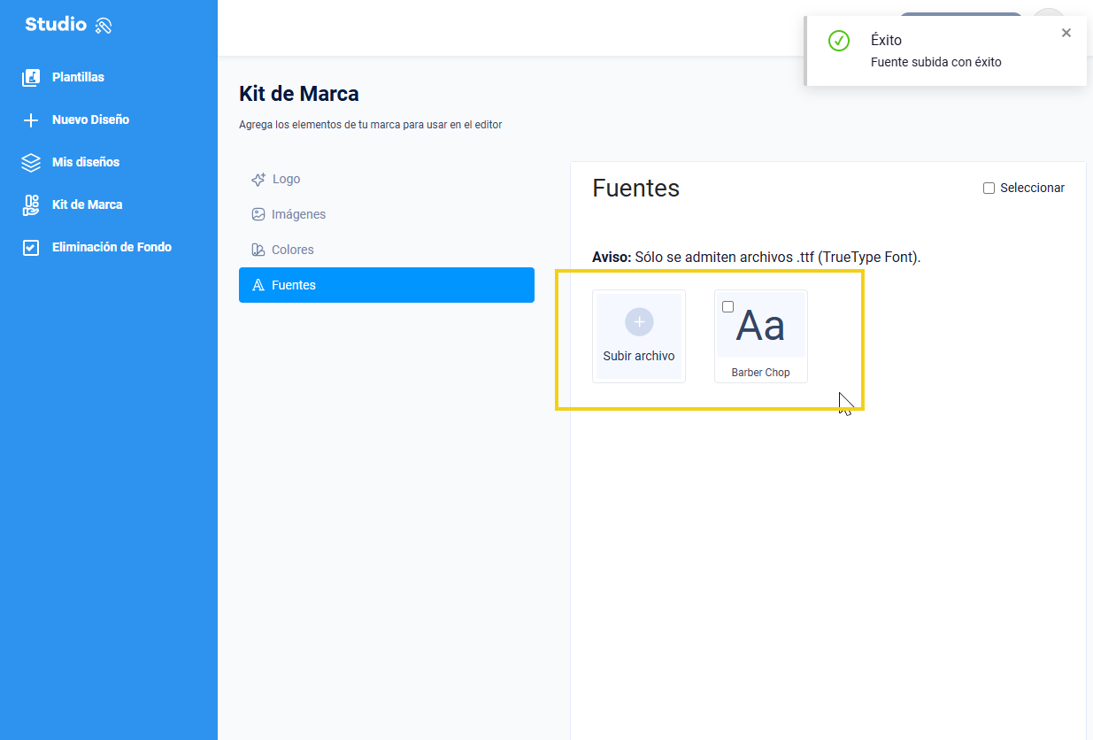 imagen mostrando el panel de studio destancando las fuentes salvas