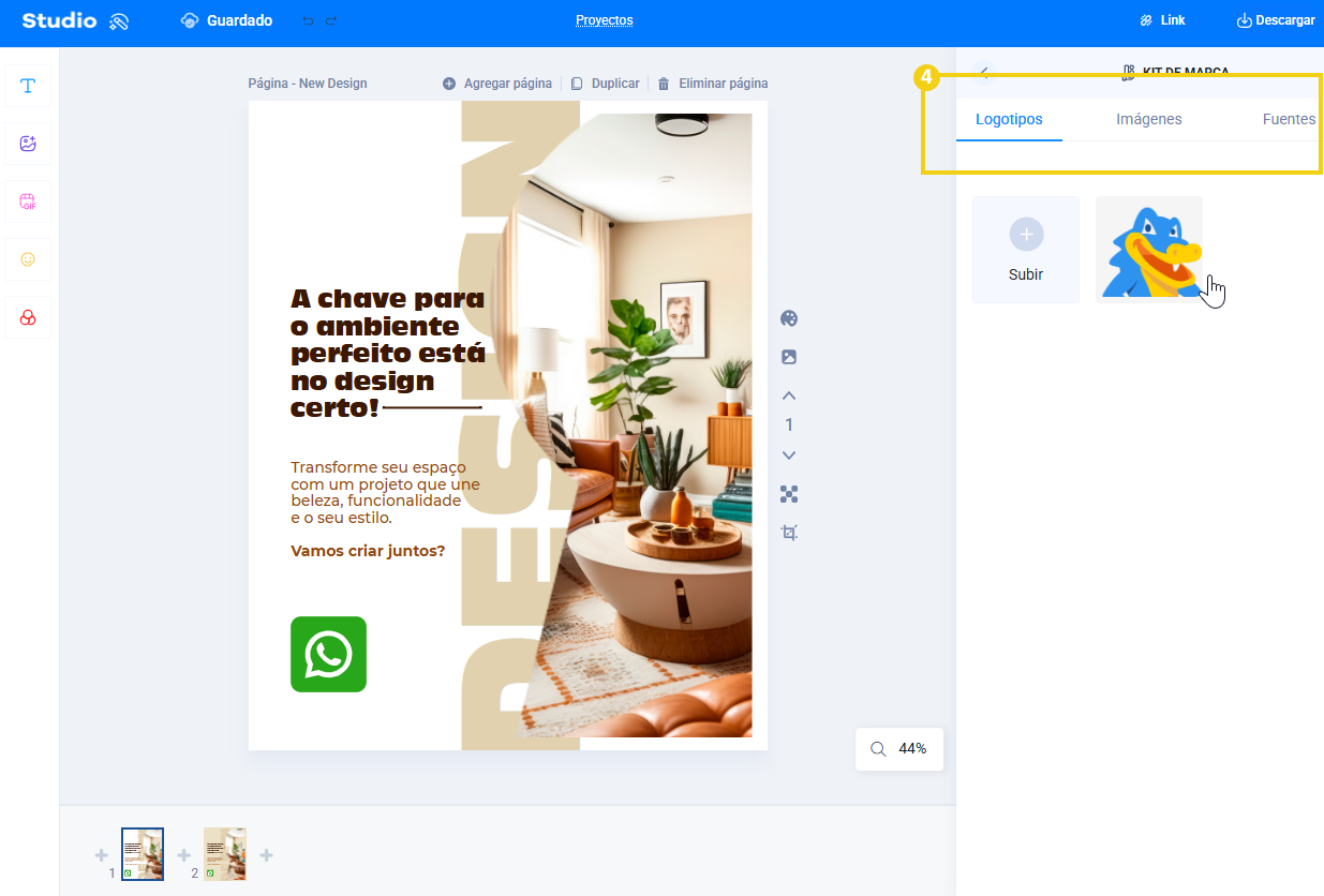 La imagen muestra que al hacer clic en Brand Kit se muestran las opciones de logotipos, imágenes, fuentes y colores